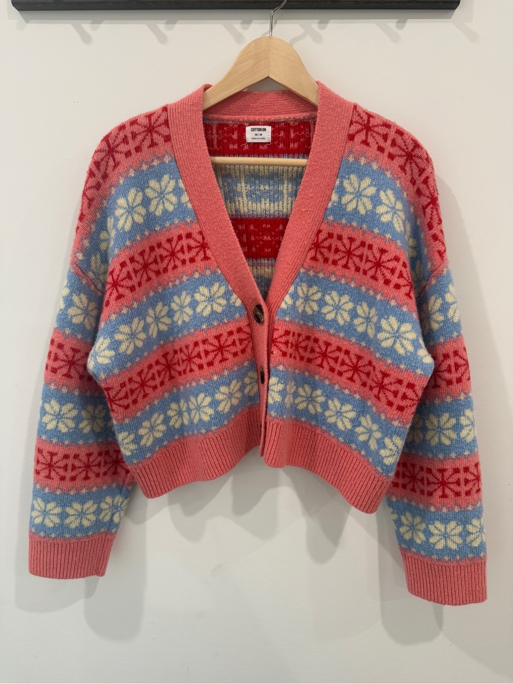 3 for $25 Pink Blue Fair Isle Floral V-Neck Cropped Cardigan Size M Wool Knit